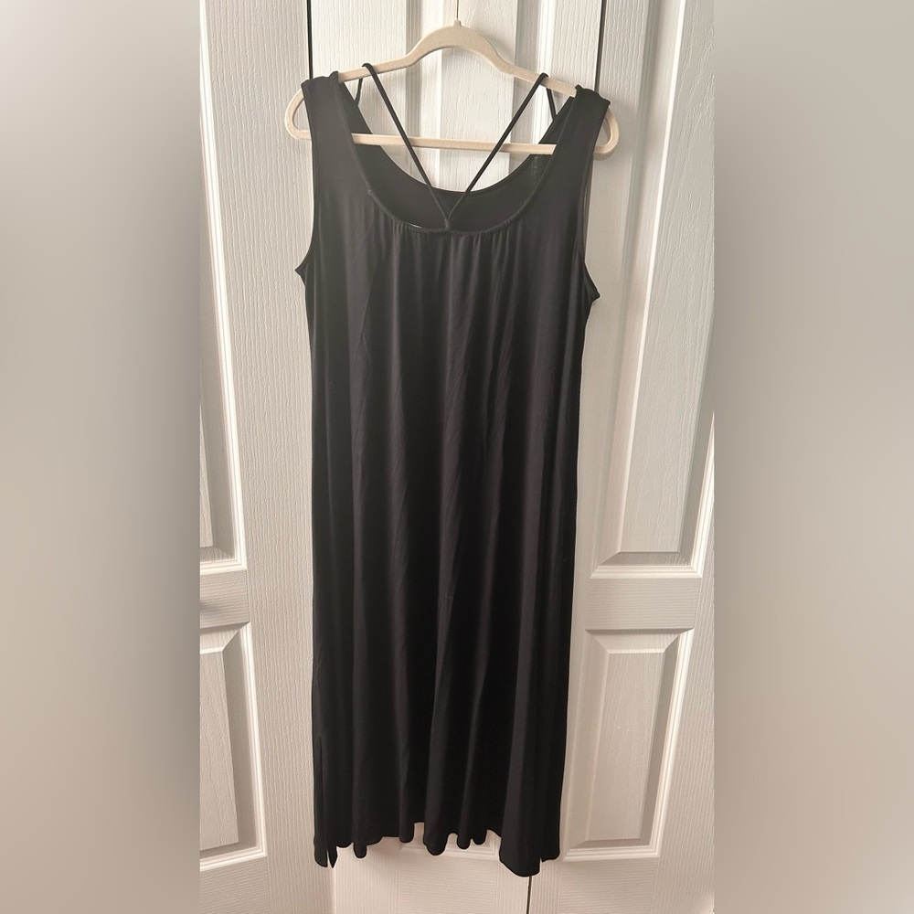 EILEEN FISHER Black‎ Scoop Neck Jersey Knit Strappy Slit Midi Tank Dress 1X Plus
